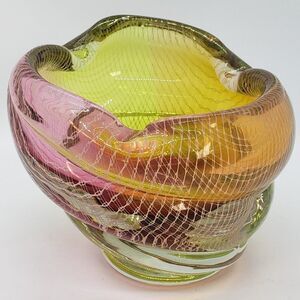 Harrachov Harrtil Milan Metelak Vintage 1950s Tri-colour Lattice Art Glass Bowl